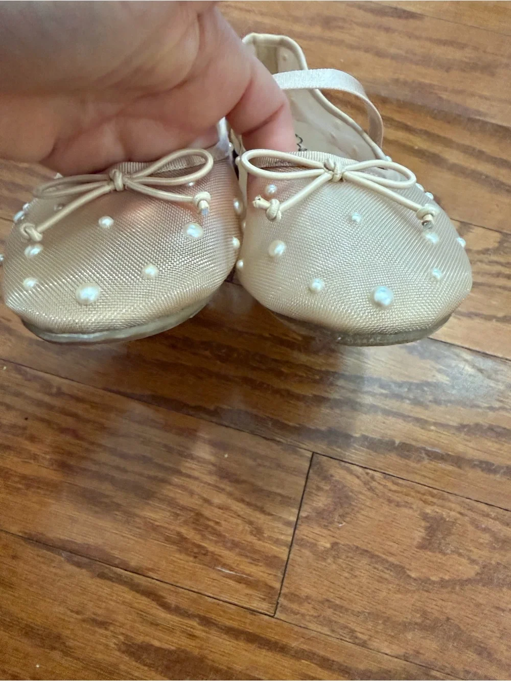 art class Girls Peach-Beige Pearl Mesh Mary Jane Ballet Flats